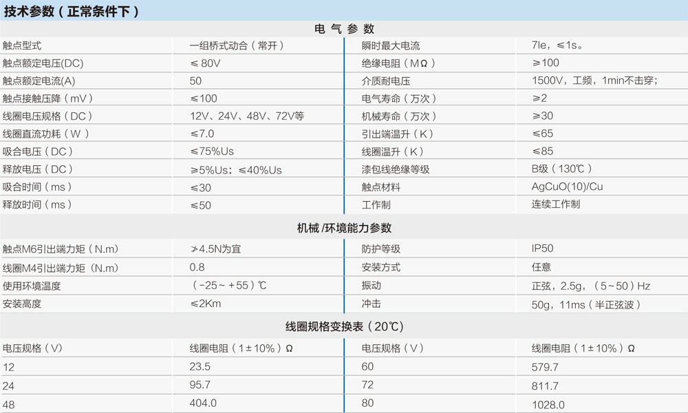 ZJW50A型直流接触器技术参数